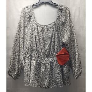 Nine West Blouse Womens 1X Gray White Floral Square Neck Peplum Chiffon Ruffle